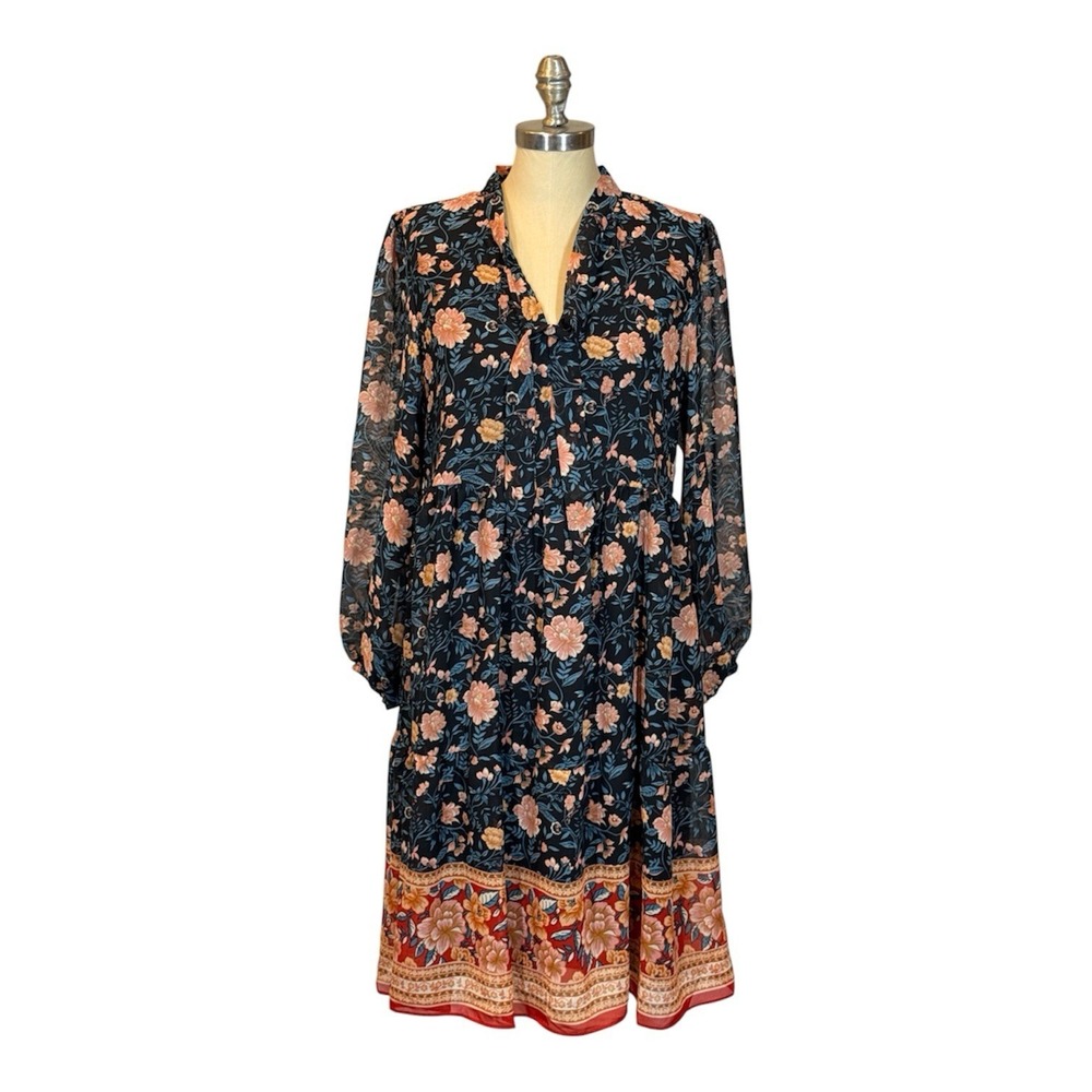 Signature by Robbie Bee Dress Womens L Navy Floral Boho Peasant Midi Long Sleeve